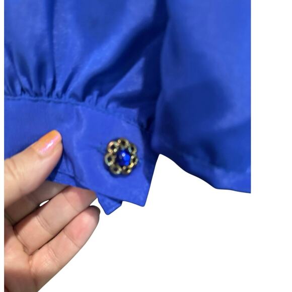 Vintage Cobalt Blue Satin Blouse Rhinestone Buttons Timeless Effortless Elegance - Picture 7 of 9